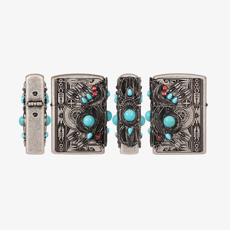 Indian Feather Blue Turquoise Refillable Kerosene Lighter - Image 5