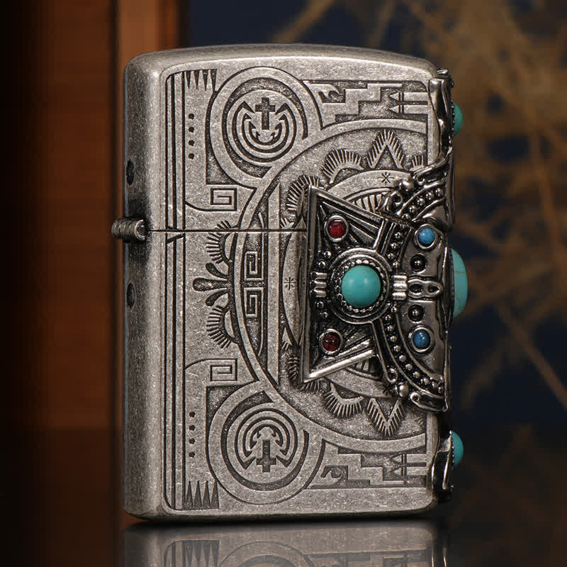 Indian Feather Blue Turquoise Refillable Kerosene Lighter - Image 6