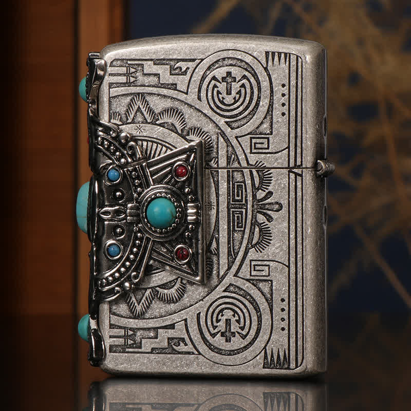 Indian Feather Blue Turquoise Refillable Kerosene Lighter - Image 7