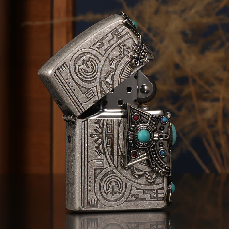 Indian Feather Blue Turquoise Refillable Kerosene Lighter - Image 8