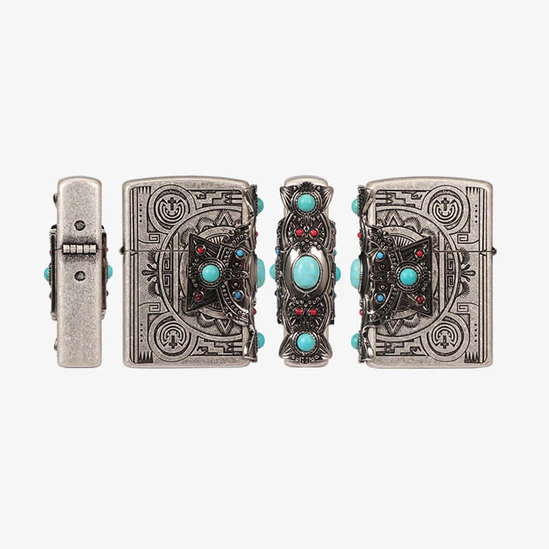 Indian Feather Blue Turquoise Refillable Kerosene Lighter - Image 9
