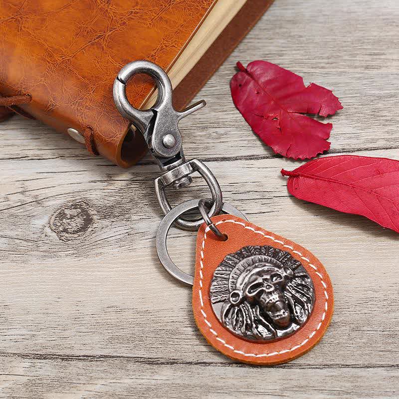 Indian Skull Charm Pendant Leather Keychain - Image 4