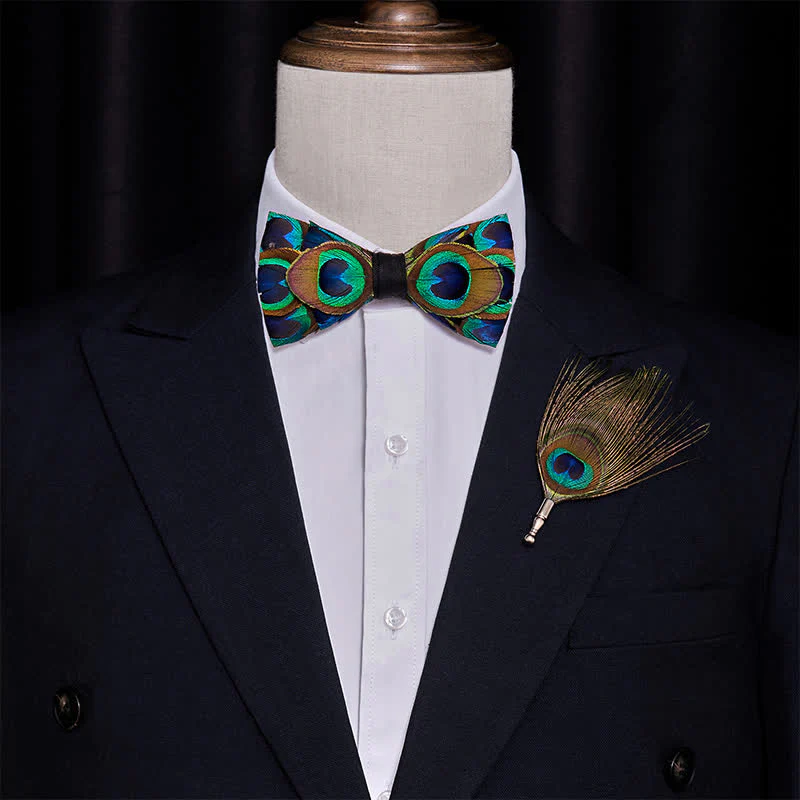 Indigo & Green Peacock Eyes Feather Bow Tie - Image 2