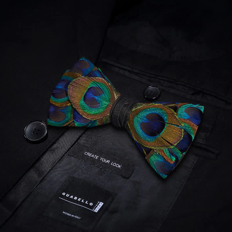 Indigo & Green Peacock Eyes Feather Bow Tie - Image 3