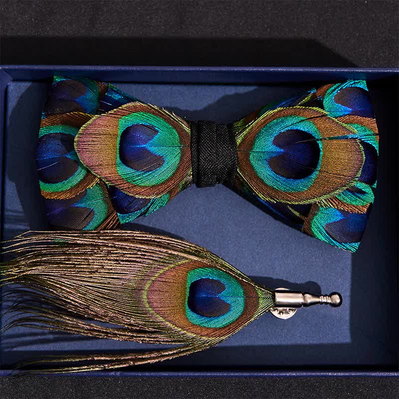 Indigo & Green Peacock Eyes Feather Bow Tie - Image 4