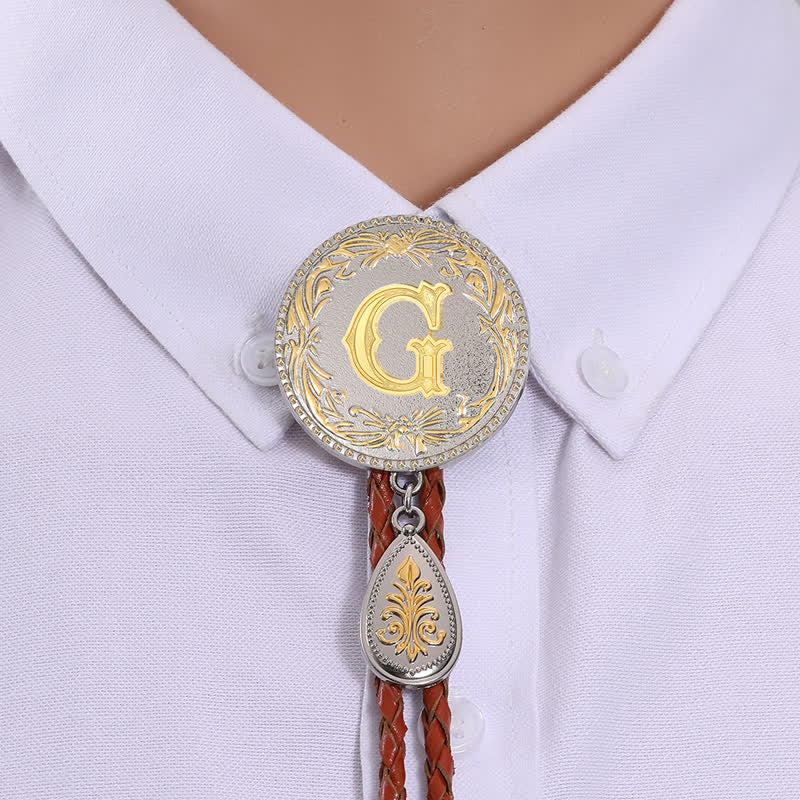 Initial Letter Brown Leather Bolo Tie With Teardrop-Shaped Pendant - Image 10