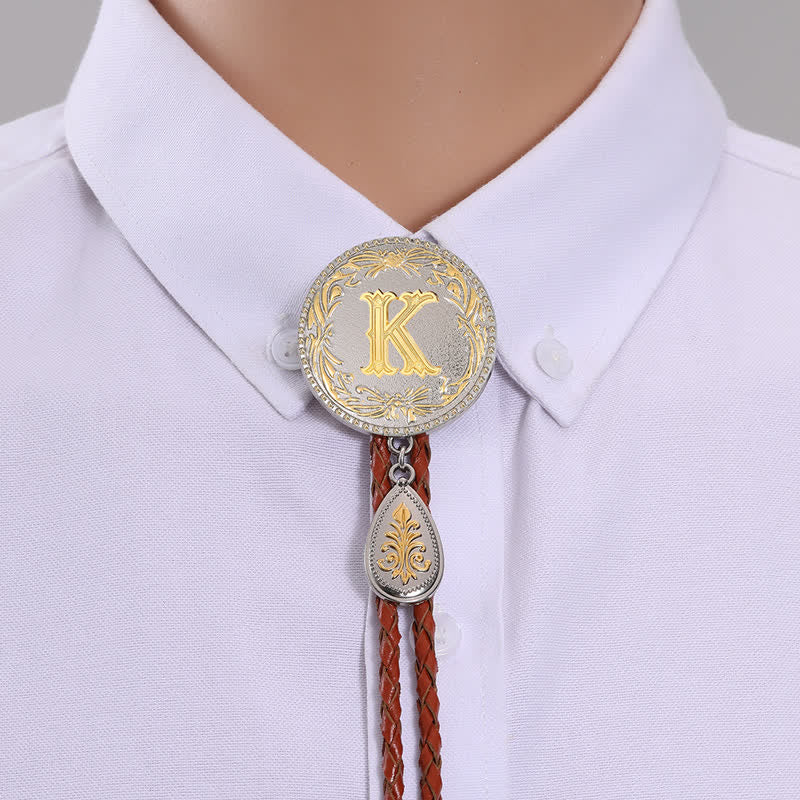 Initial Letter Brown Leather Bolo Tie With Teardrop-Shaped Pendant - Image 14