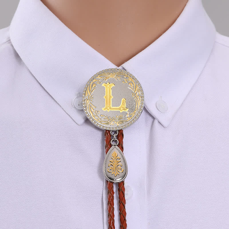 Initial Letter Brown Leather Bolo Tie With Teardrop-Shaped Pendant - Image 15