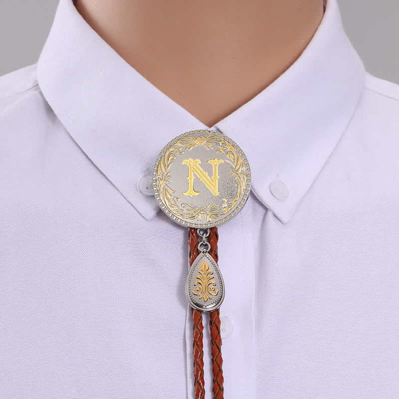 Initial Letter Brown Leather Bolo Tie With Teardrop-Shaped Pendant - Image 17