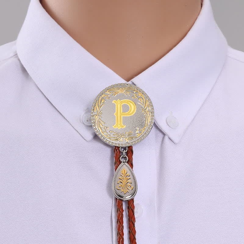 Initial Letter Brown Leather Bolo Tie With Teardrop-Shaped Pendant - Image 19