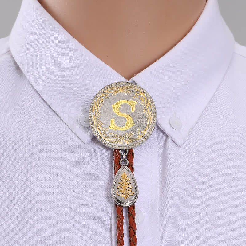 Initial Letter Brown Leather Bolo Tie With Teardrop-Shaped Pendant - Image 22