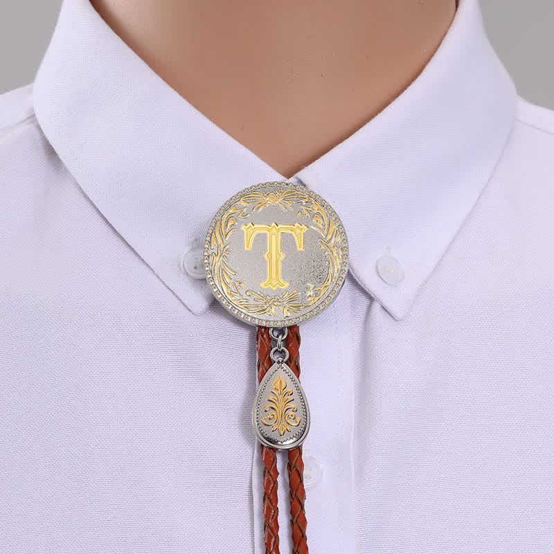Initial Letter Brown Leather Bolo Tie With Teardrop-Shaped Pendant - Image 23