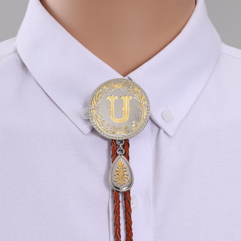 Initial Letter Brown Leather Bolo Tie With Teardrop-Shaped Pendant - Image 24