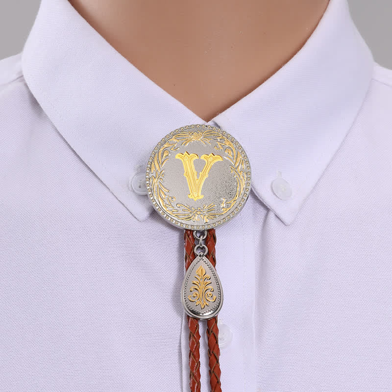 Initial Letter Brown Leather Bolo Tie With Teardrop-Shaped Pendant - Image 25