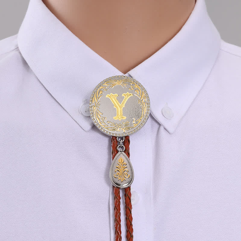 Initial Letter Brown Leather Bolo Tie With Teardrop-Shaped Pendant - Image 28