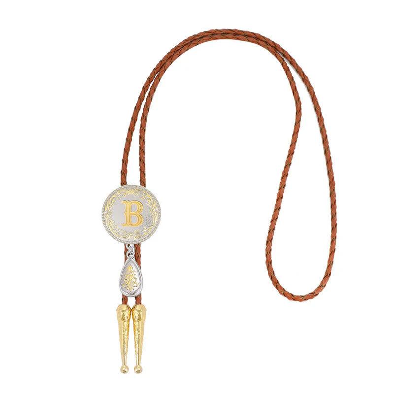 Initial Letter Brown Leather Bolo Tie With Teardrop-Shaped Pendant - Image 4
