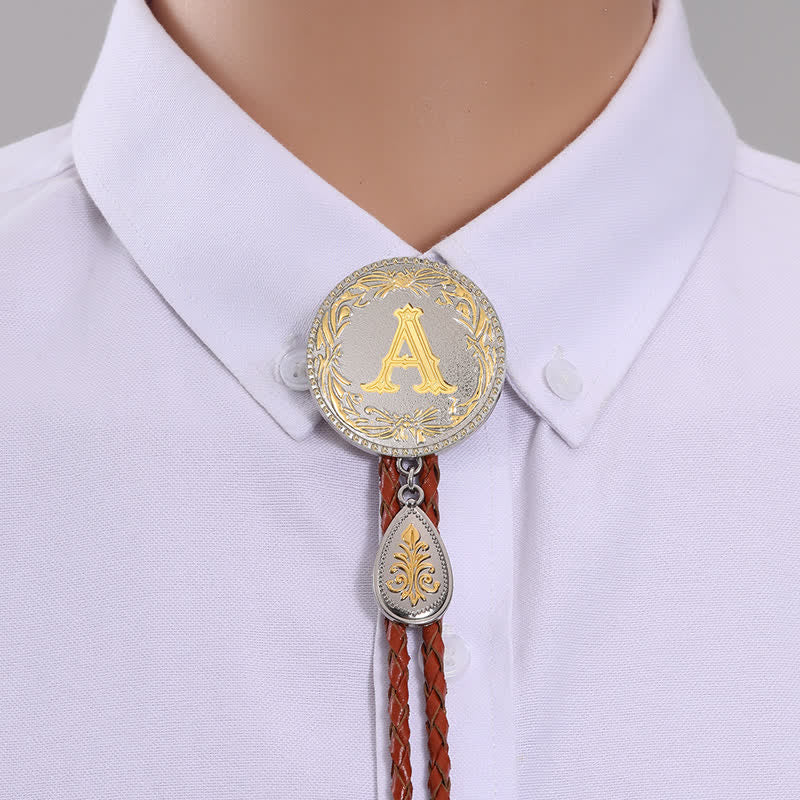 Initial Letter Brown Leather Bolo Tie With Teardrop-Shaped Pendant - Image 5