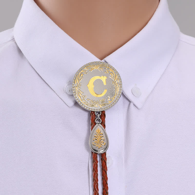 Initial Letter Brown Leather Bolo Tie With Teardrop-Shaped Pendant - Image 7