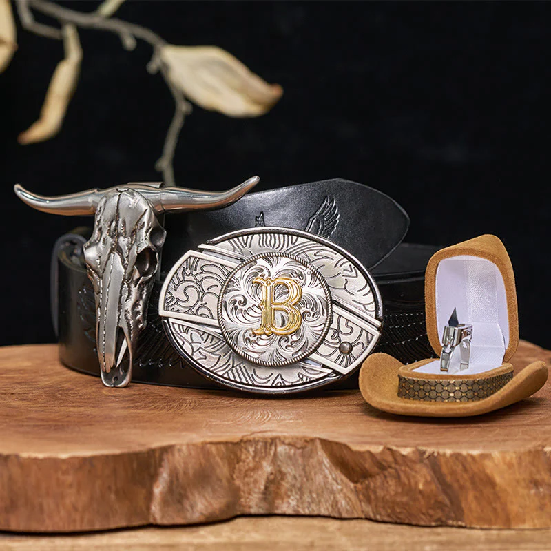 Initial Letter DIY Hidden Knife Belt Buckle Bull Head Pendant Ring Bundle Set