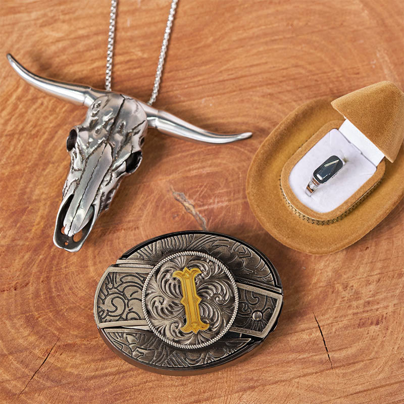 Initial Letter DIY Hidden Knife Belt Buckle Bull Head Pendant Ring Bundle Set - Image 15