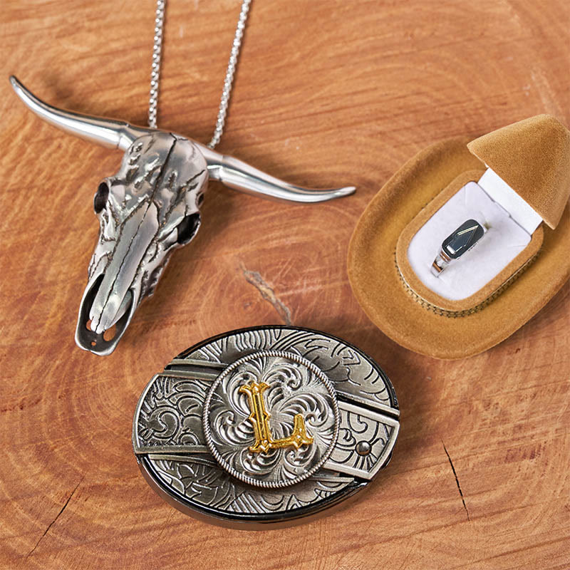 Initial Letter DIY Hidden Knife Belt Buckle Bull Head Pendant Ring Bundle Set - Image 18