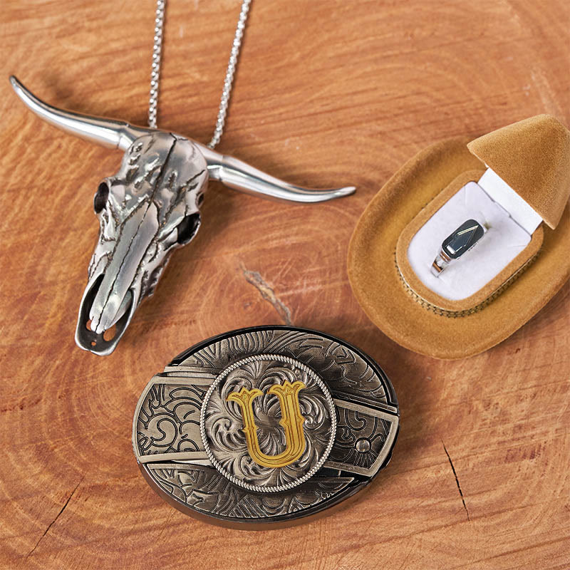 Initial Letter DIY Hidden Knife Belt Buckle Bull Head Pendant Ring Bundle Set - Image 27