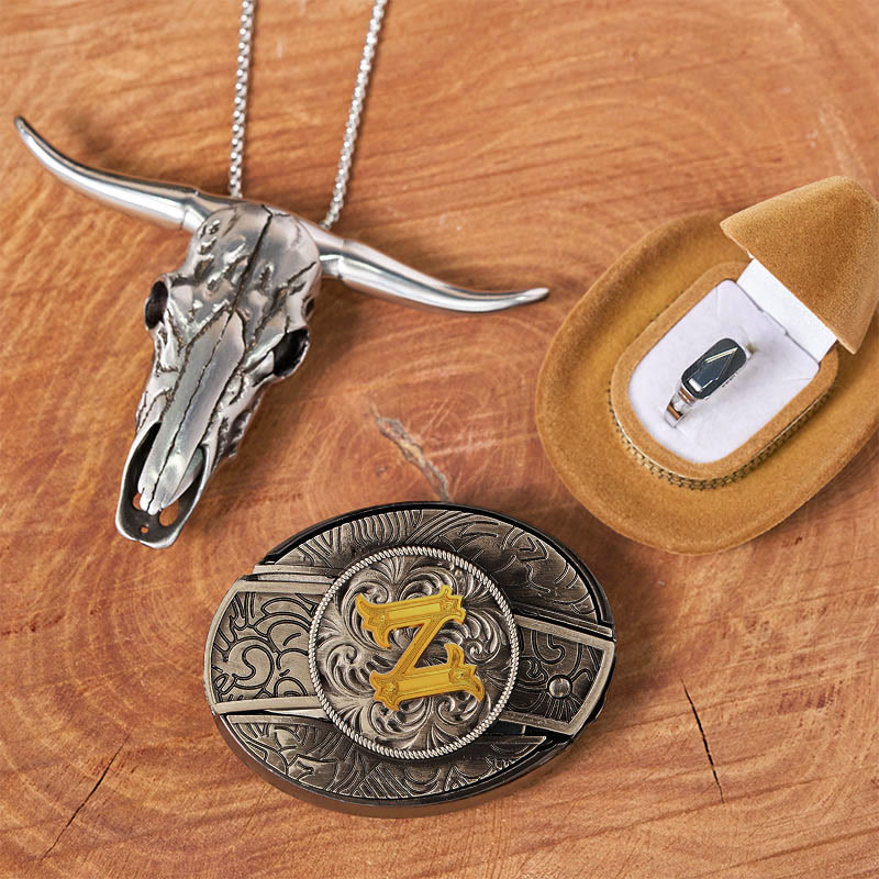 Initial Letter DIY Hidden Knife Belt Buckle Bull Head Pendant Ring Bundle Set - Image 32