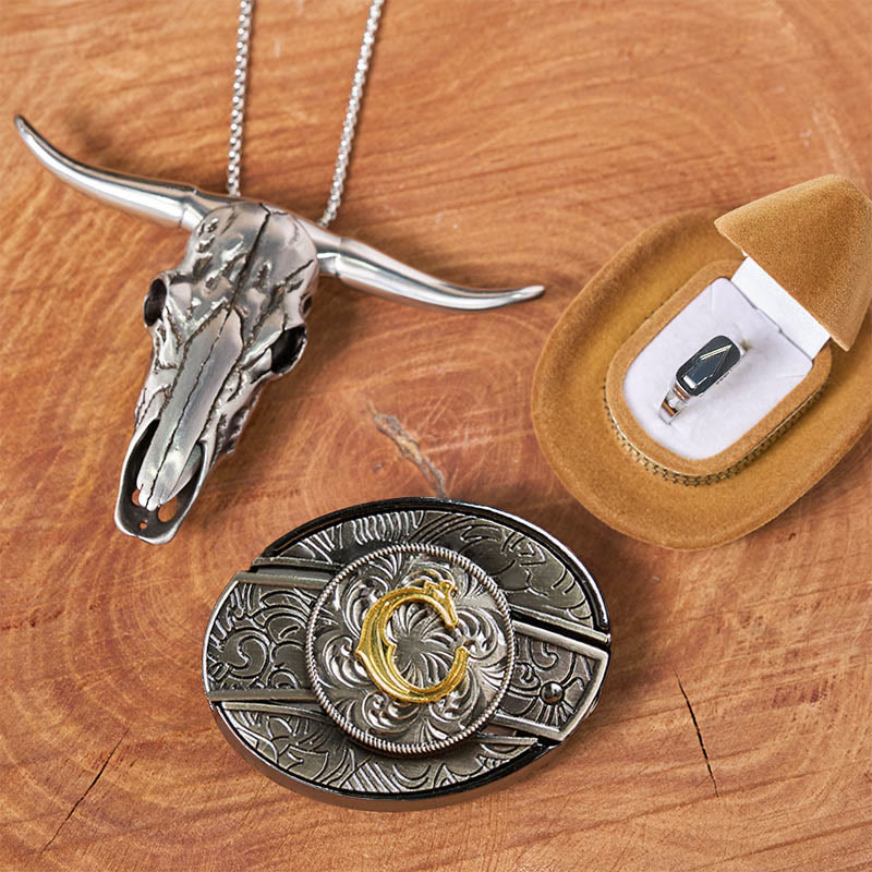 Initial Letter DIY Hidden Knife Belt Buckle Bull Head Pendant Ring Bundle Set - Image 9