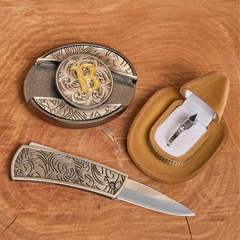 Initial Letter DIY Hidden Knife Belt Buckle Functional Ring Bundle Set - Image 2