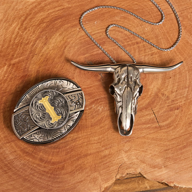 Initial Letter DIY Hidden Knife Belt Buckle Longhorn Pendant Bundle Set - Image 18