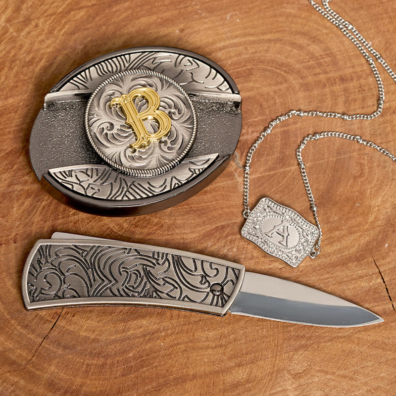 Initial Letter DIY Hidden Knife Belt Buckle Silver Necklace Bundle Set - Image 2