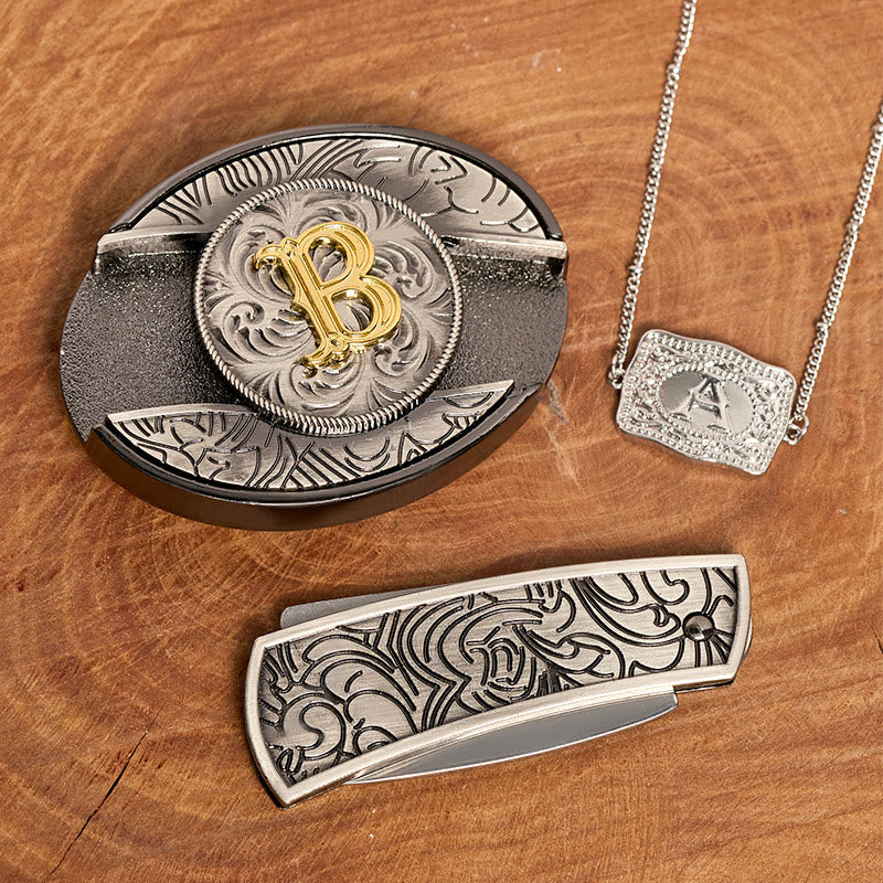 Initial Letter DIY Hidden Knife Belt Buckle Silver Necklace Bundle Set - Image 4