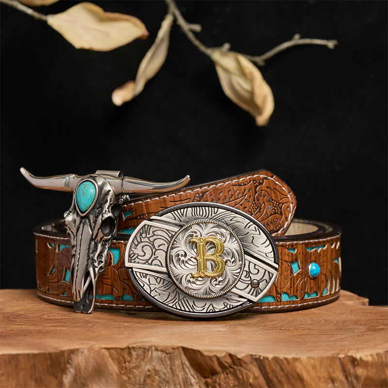 Initial Letter DIY Hidden Knife Buckle Turquoise Bull Pendant Bundle Set