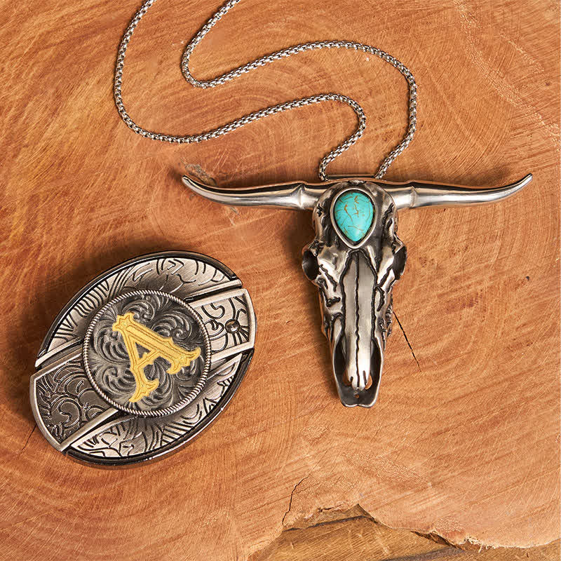 Initial Letter DIY Hidden Knife Buckle Turquoise Bull Pendant Bundle Set - Image 11