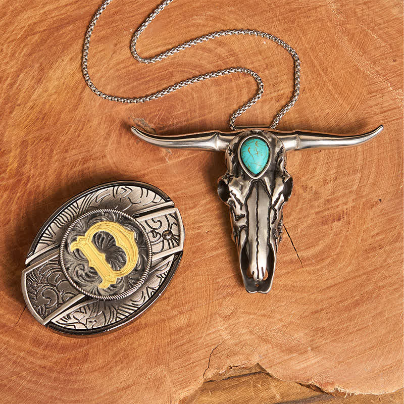 Initial Letter DIY Hidden Knife Buckle Turquoise Bull Pendant Bundle Set - Image 13