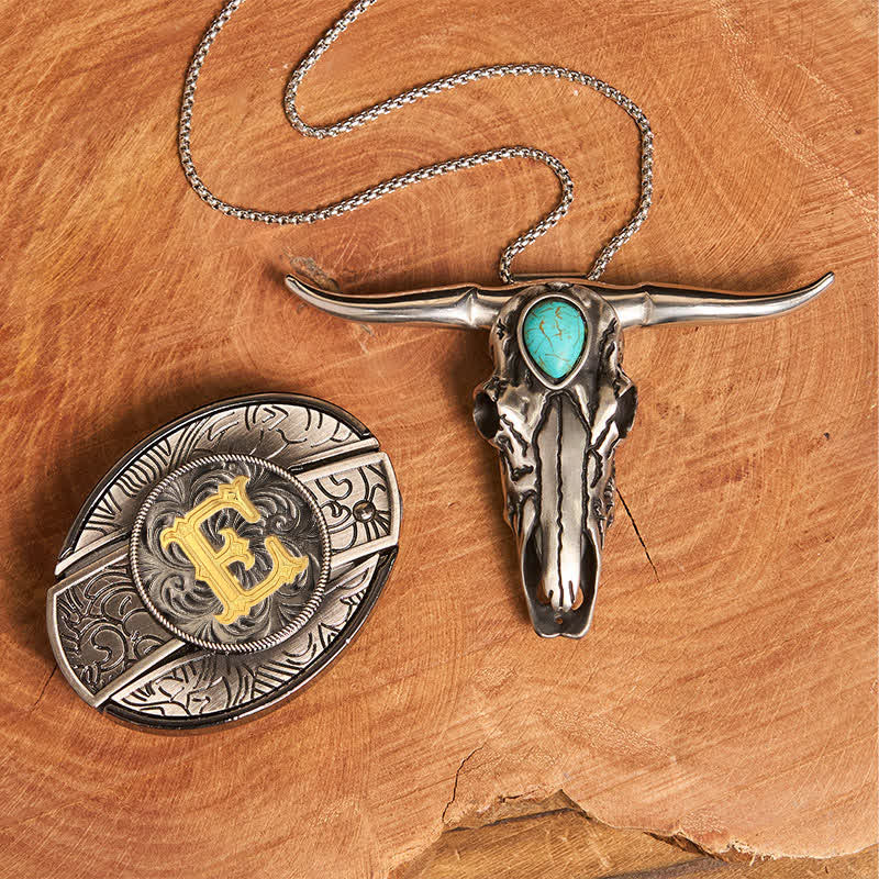 Initial Letter DIY Hidden Knife Buckle Turquoise Bull Pendant Bundle Set - Image 14