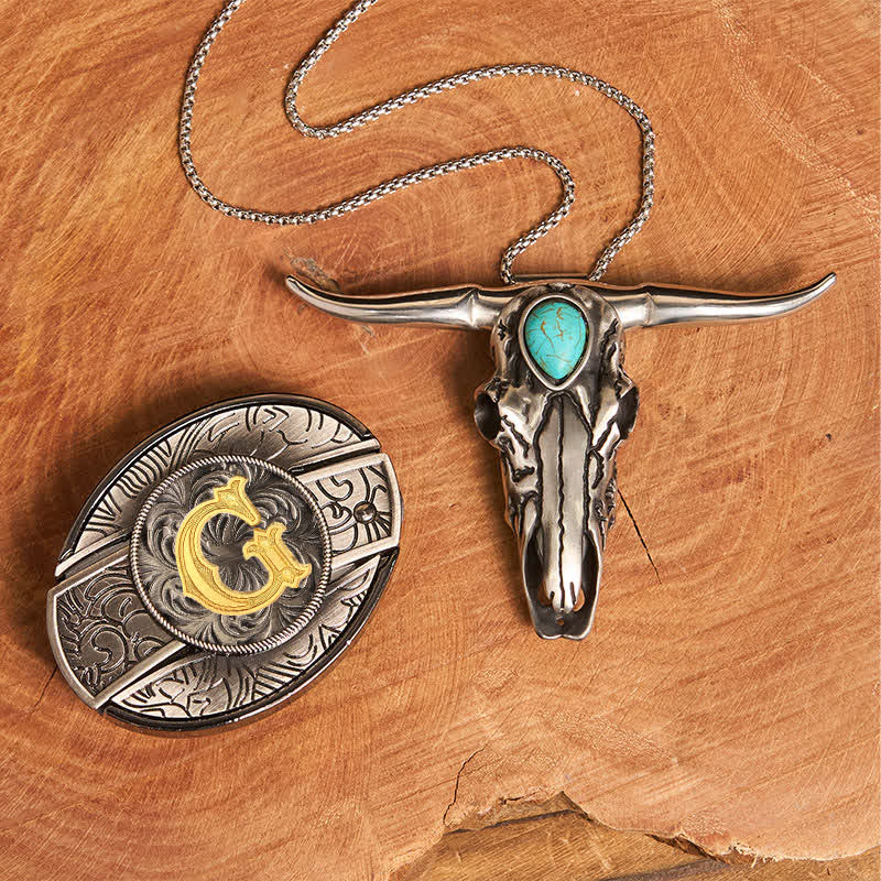 Initial Letter DIY Hidden Knife Buckle Turquoise Bull Pendant Bundle Set - Image 16