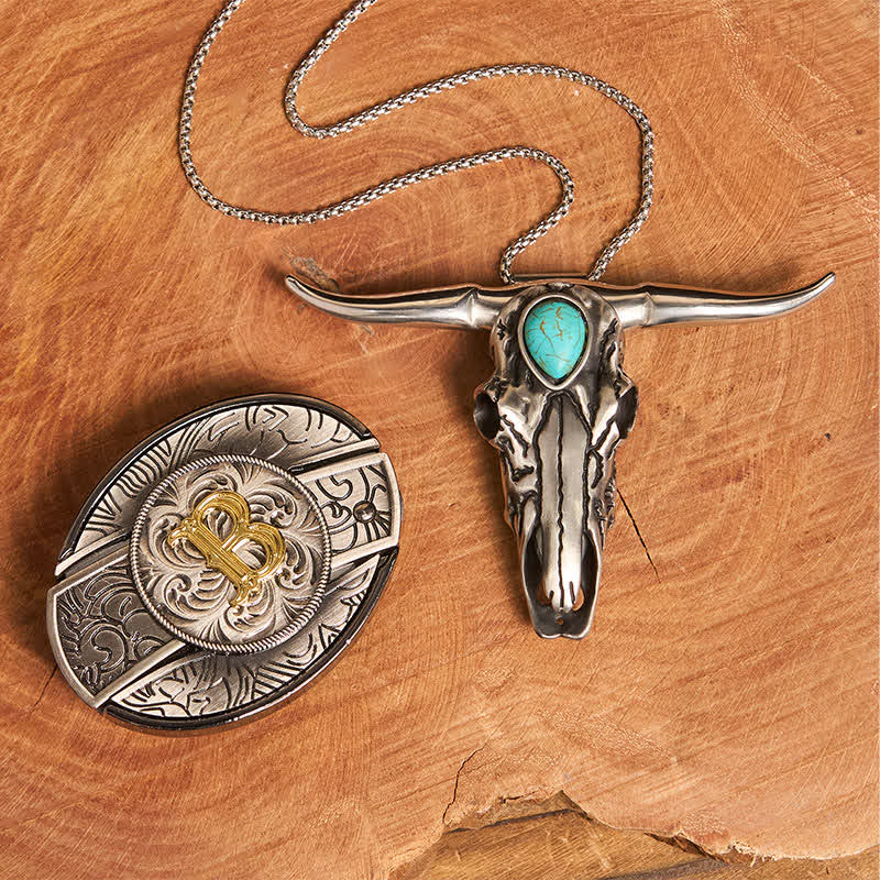 Initial Letter DIY Hidden Knife Buckle Turquoise Bull Pendant Bundle Set - Image 2
