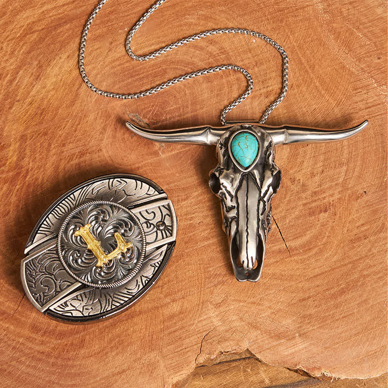 Initial Letter DIY Hidden Knife Buckle Turquoise Bull Pendant Bundle Set - Image 21