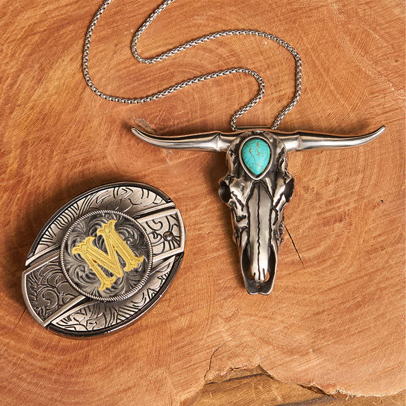 Initial Letter DIY Hidden Knife Buckle Turquoise Bull Pendant Bundle Set - Image 22