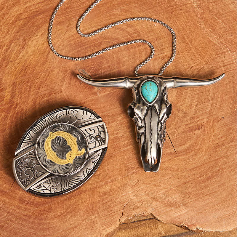 Initial Letter DIY Hidden Knife Buckle Turquoise Bull Pendant Bundle Set - Image 26