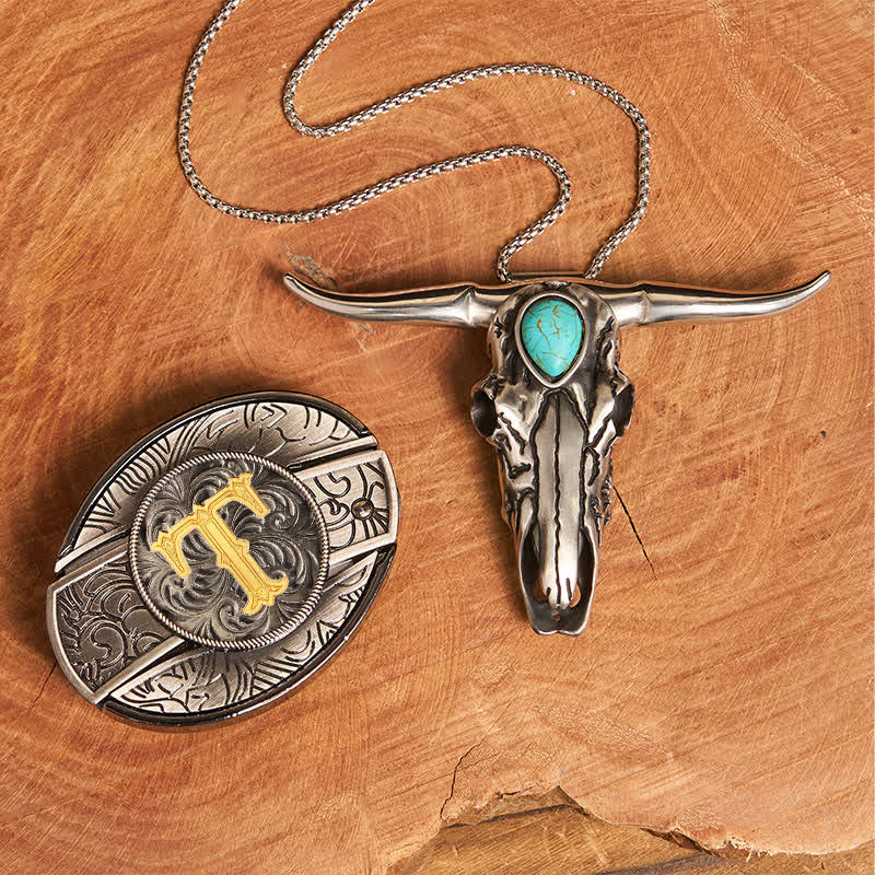 Initial Letter DIY Hidden Knife Buckle Turquoise Bull Pendant Bundle Set - Image 29