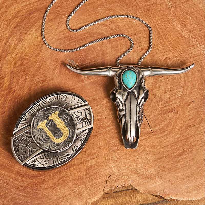 Initial Letter DIY Hidden Knife Buckle Turquoise Bull Pendant Bundle Set - Image 30