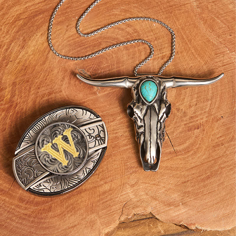 Initial Letter DIY Hidden Knife Buckle Turquoise Bull Pendant Bundle Set - Image 32