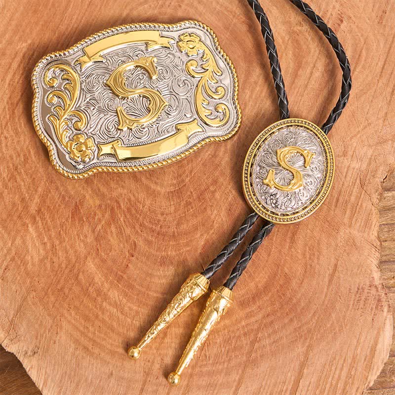 Initial Letter DIY Large Belt Buckle Gold Bolo Tie Bundle Set - Image 2