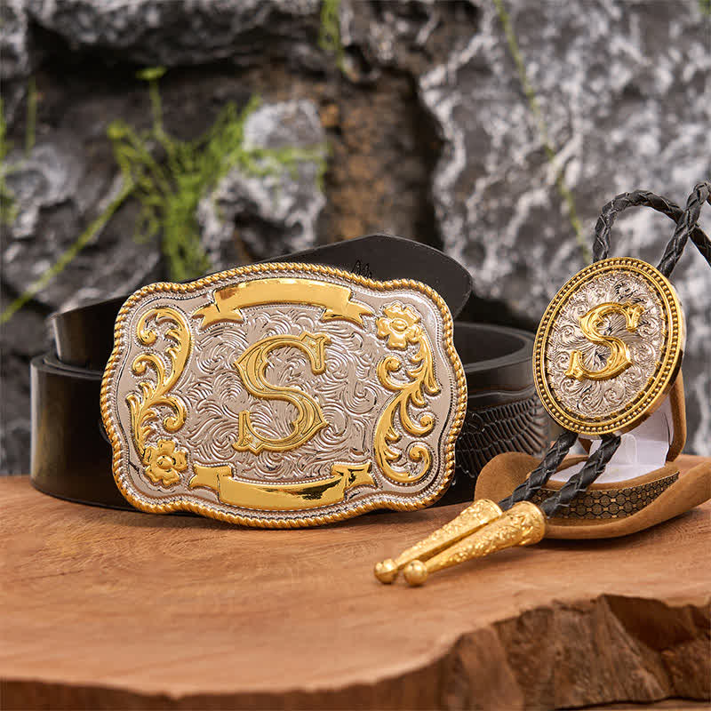 Initial Letter DIY Large Belt Buckle Gold Bolo Tie Bundle Set - Image 4