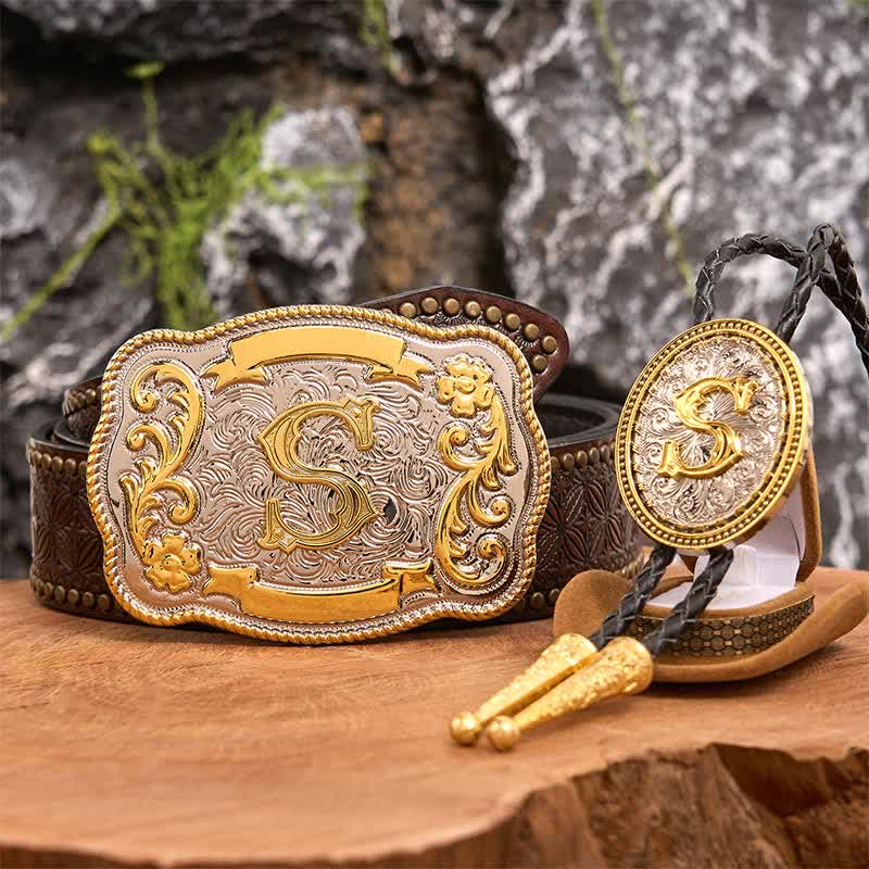 Initial Letter DIY Large Belt Buckle Gold Bolo Tie Bundle Set - Image 5