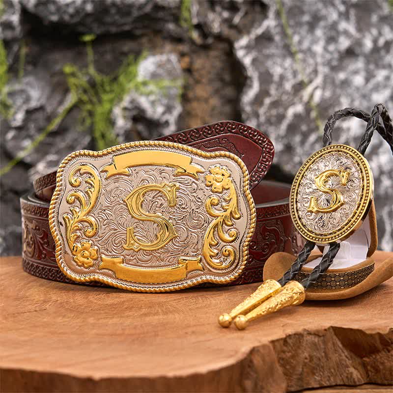 Initial Letter DIY Large Belt Buckle Gold Bolo Tie Bundle Set - Image 7