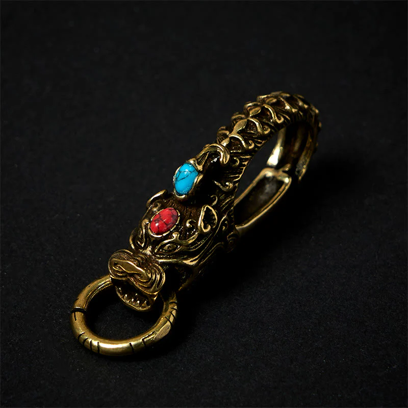 Intricate Dragon Head Snap Hook Brass Keychain