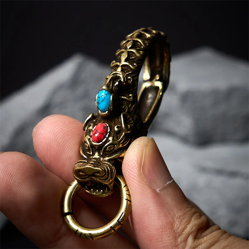 Intricate Dragon Head Snap Hook Brass Keychain - Image 2